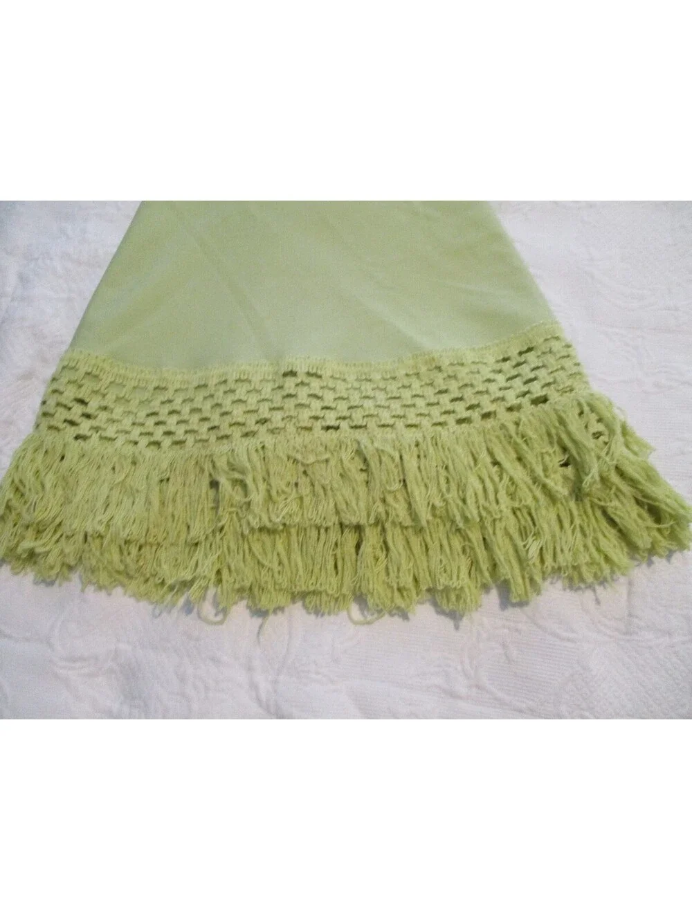 Vintage 1970s Avocado Green Rectangular Tablecloth 64x70 Macrame Fringe MCM